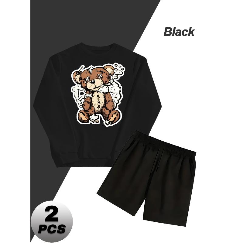 Men s Polyester 2 Piece Set Crew Neck Sweatshirt and Shorts Casual Daily Outfit XXL чёрный
