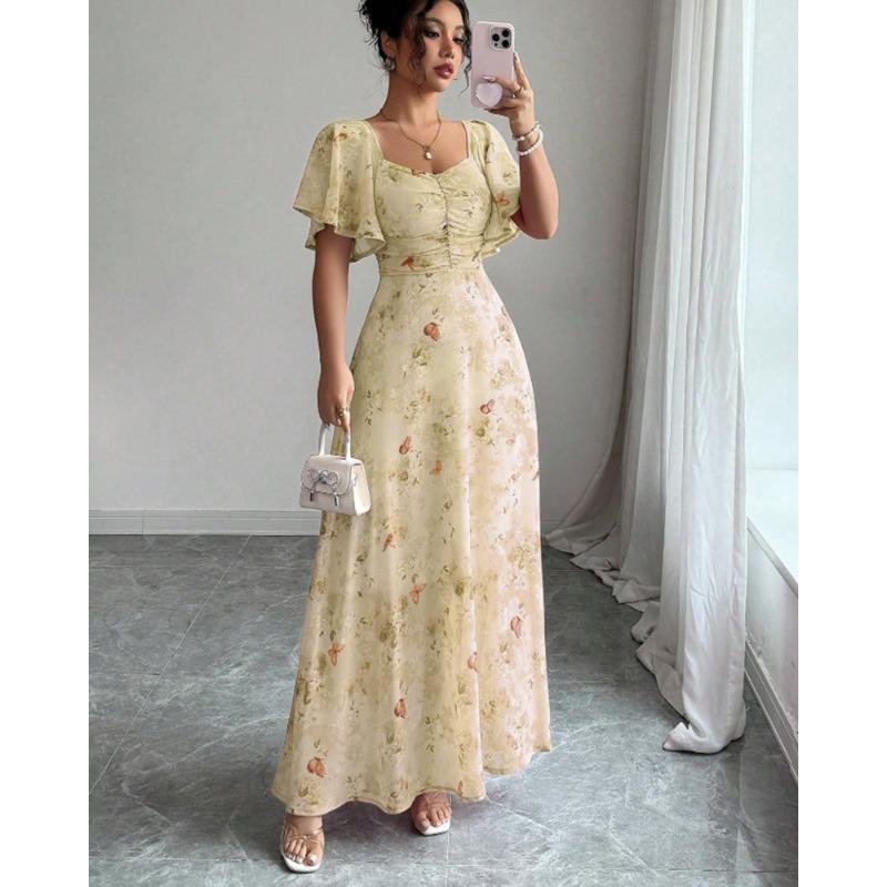 Sommer Neues Lotusblatt-Ärmel-Print Schlankes Temperament Elegantes Kleid Ist Jetzt