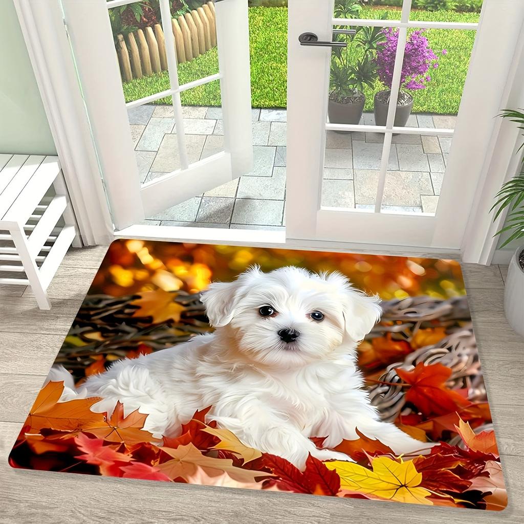 Cute puppy pattern non-slip welcome carpet lying on the autumn maple leaves