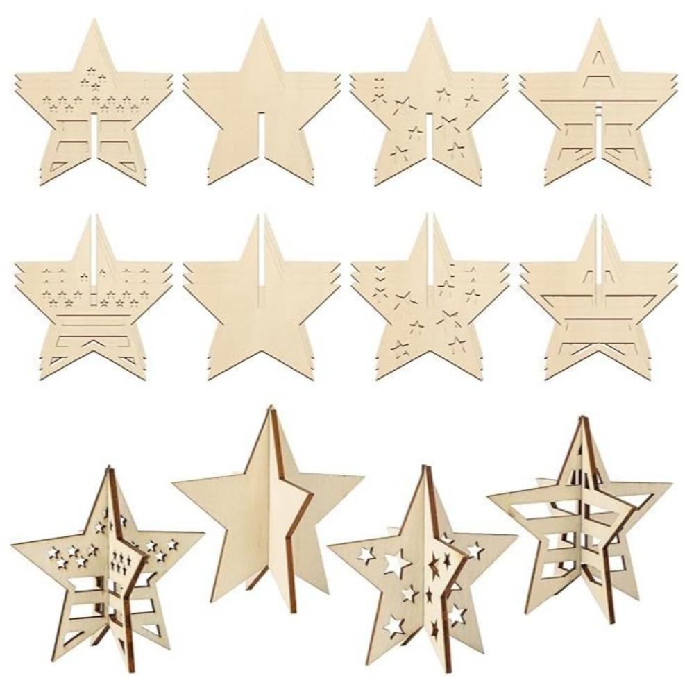 12pcs DIY Easter Eggs Wood Crafts Handmade 3D Stars Butterfly Unfinished Wooden Slices Paintable Desktop Ornaments Holiday Decor
