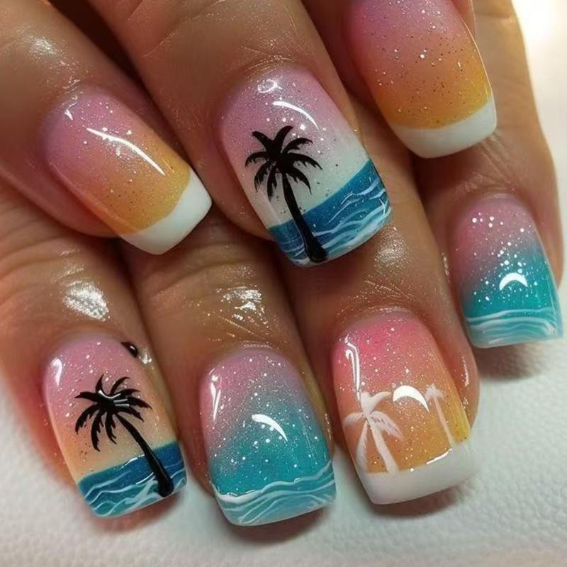 

24 Pcs Summer Artificial Nail Short Square Full Cover False Nail Glossy Stick on Nail Sea and Coconut Tree Press On Nail 1