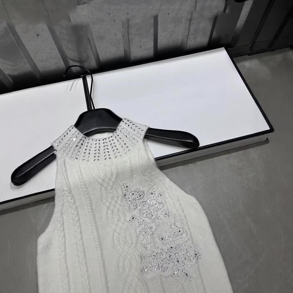 European Spring Embroidered Halter Knit Vest with Rhinestones