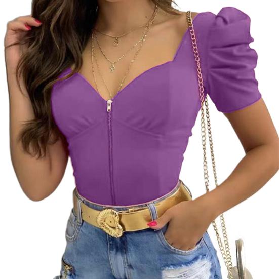 Kadın Üst U Yaka Puf Kol Seksi Düz Renk Fermuarlı Tişört Flört için