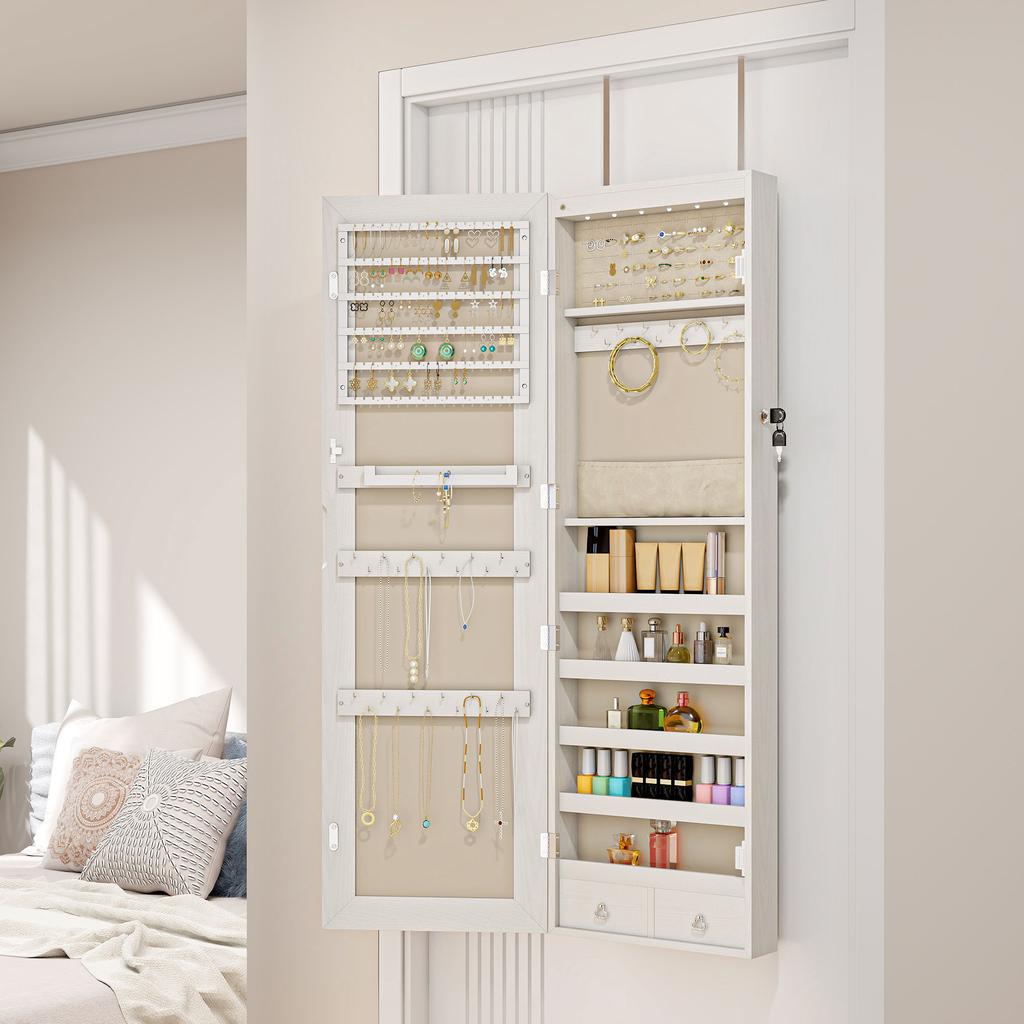 Jewelry Mirror with LED Light Jewelry Cabinet Wall or Door Mounted with Lock Full Mirror White