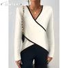 JPNTKYWomen's Fashion Casual Solid Color Print Long Sleeve V Neck Blouses & Shirts