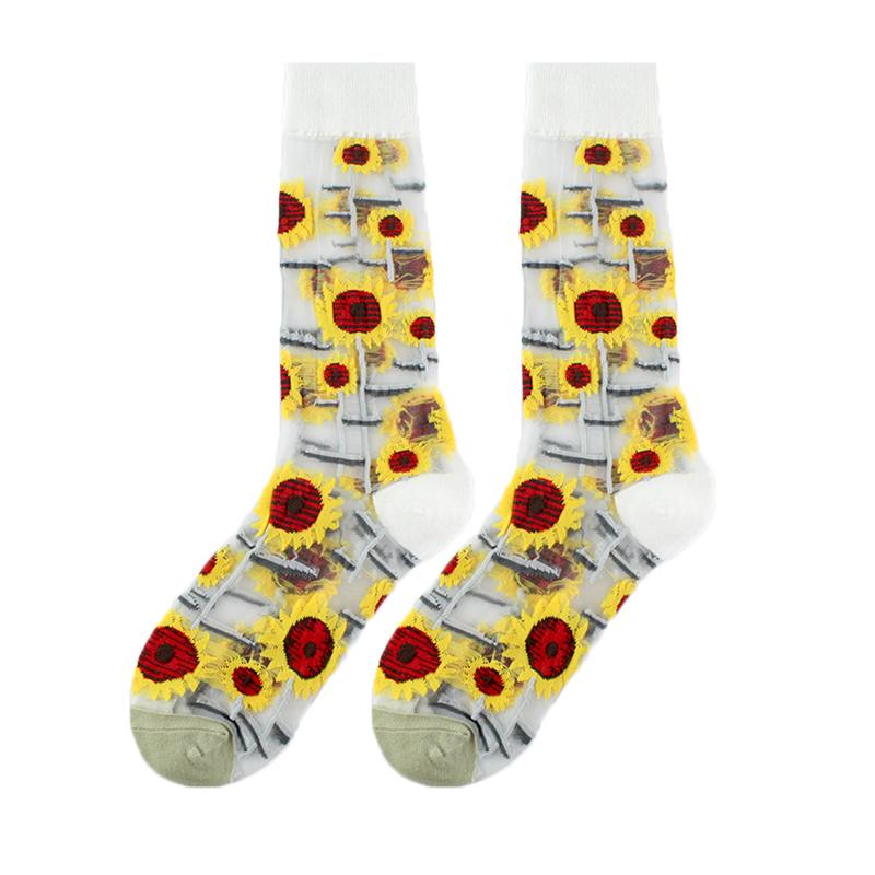 France Hipster Design Glass Silk Floral Bird Funny Socks Women Transparent Streetwear Art Sokken Jacquard Calcetines Divertidos