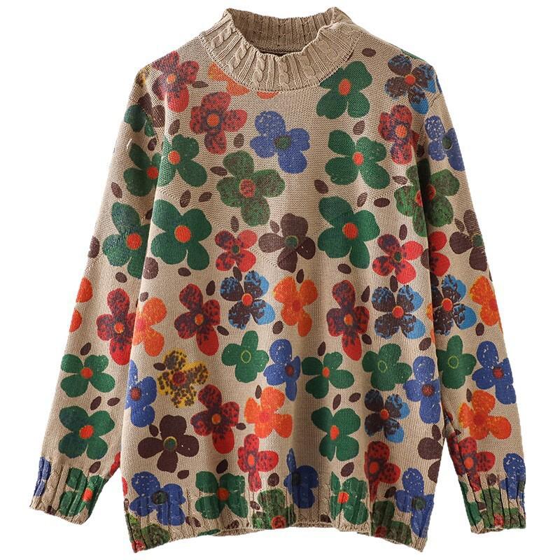 2025 Autumn/Winter Women's Retro Print Half-High Collar Knit Pullover