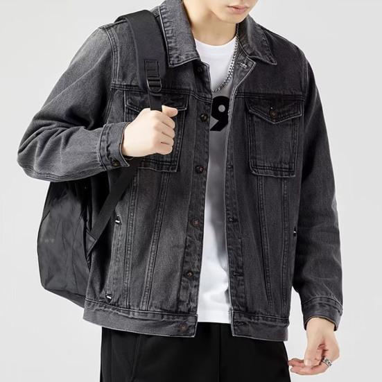 Pánská džínová bunda Klopa Dlouhý rukáv Kapsy s klopou Jednobarevný kabát Zapínání na knoflíky Neformální džínové svrchní oblečení Každodenní nošení