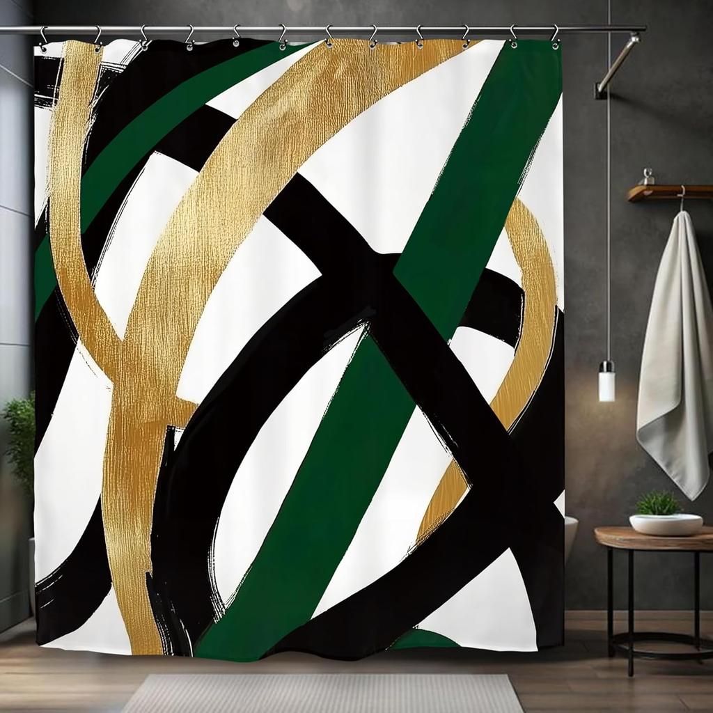 Abstract Gold Green Black Brush Stroke Pattern Waterproof Shower Curtain 180x200cm - Modern Art Print Bath  Living Room Decor