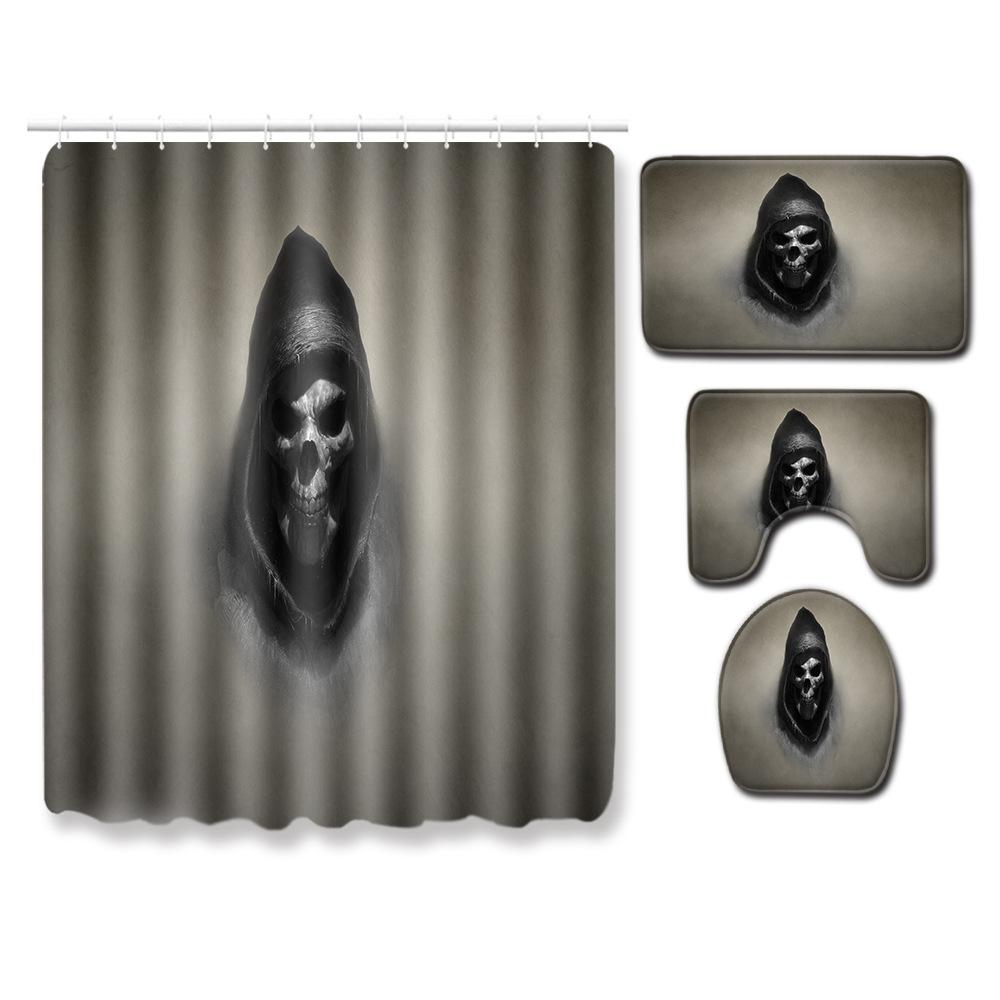 Skull Shower Curtain Floor Mat Combination Four-Piece Set Bathroom Toilet Carpet Shower Room Mat Foot Mat