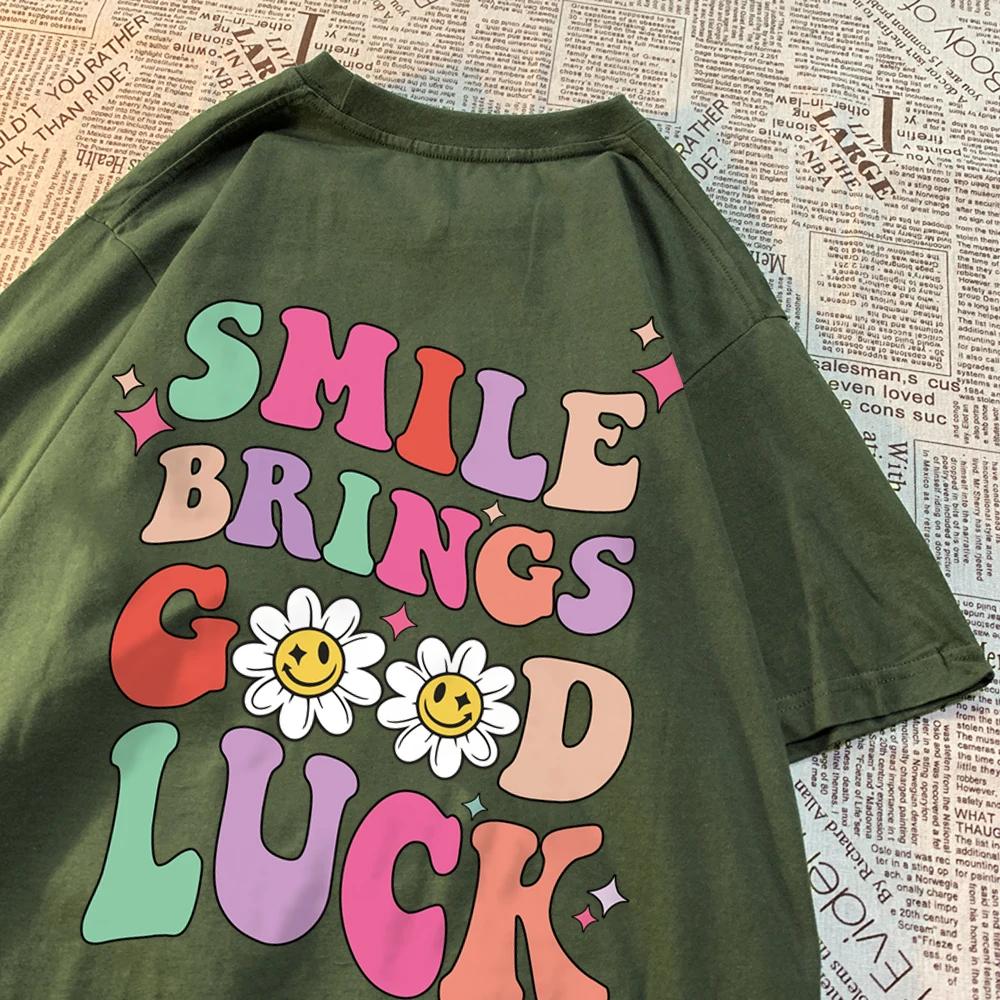 Smile Brings Good Luck Men Women Tshirt Pattern Cotton Tshirts O-Neck Breathable T-Shirt Simplicity Tee Clothes Couple Tops