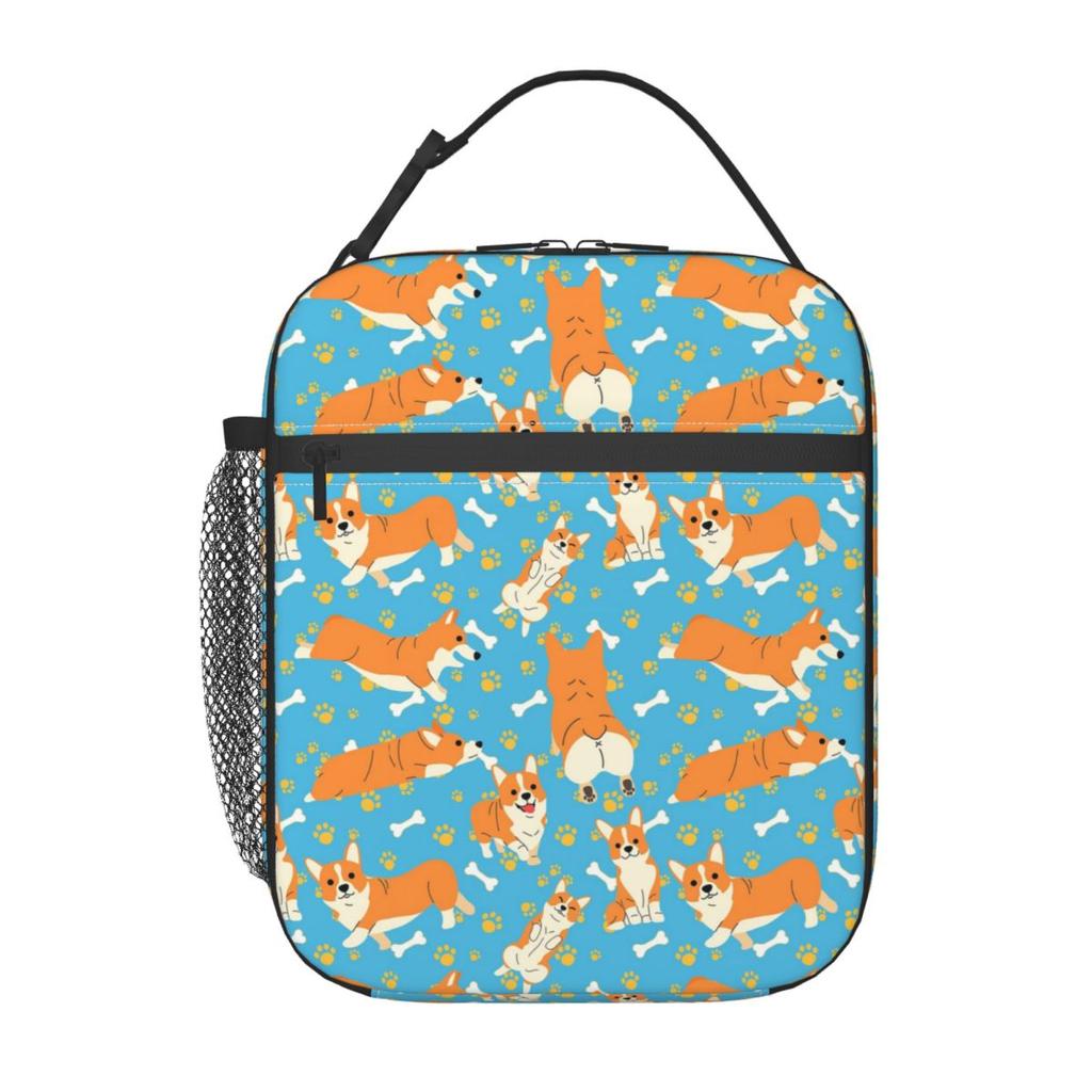 Blue Background Cute Cartoon Corgi Insulated Lunch Bag for Women Children Leakproof Food Boxes Thermal Lunch Box Tote