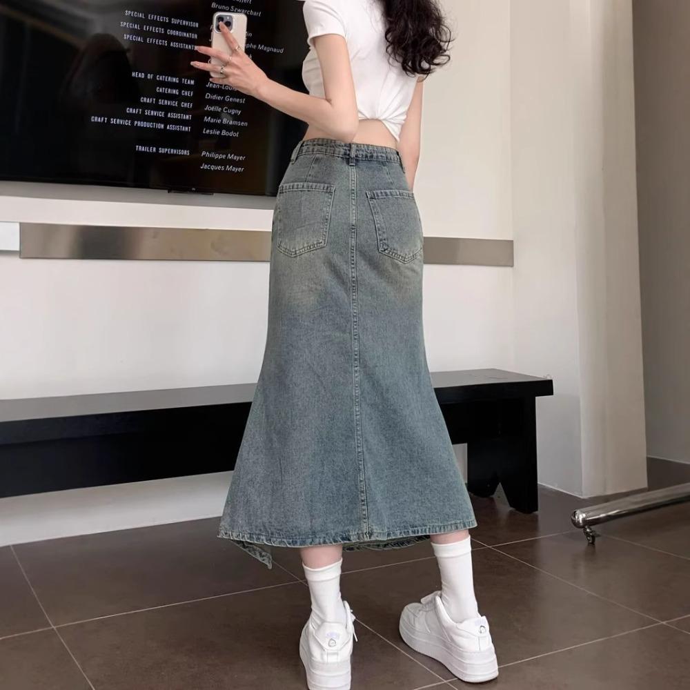 Damen Hohe Taille Denim Meerjungfrau Midi Rock Unregelmäßig Rüsche Schlitz Vintage Gewaschen Fishtail Jeansrock Für Tägliche Party
