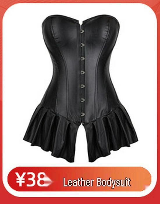 Sada korzetu bez ramínek a mini sukně z lesklé kůže plus size