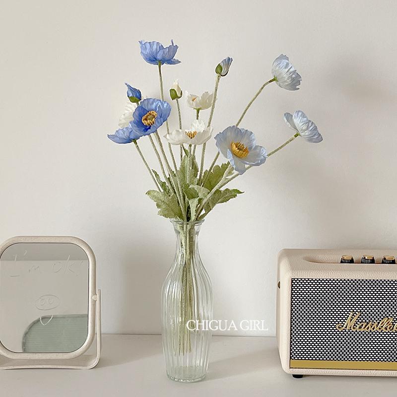 Blue Iceland Poppy Silk Flower Bouquet for Living Room Decoration
