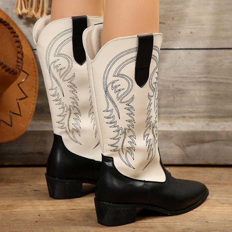 Western Cowboy Boots Women's Coarse Heel Autumn and Winter Embroidery Skinny Medium Heel Boots Medium Heel Pointed Color Matching Knight Boots