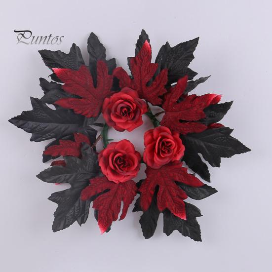 Home Party Supplies Halloween Floral Candle Ring, Artificial Maple Rose Wreath for Festive Atmosphere Decorations Holder, Spooky Table Centerpiece