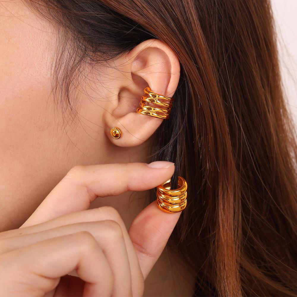 Plain Ring Niche Ear Clips, Stainless Steel Plated 18K Gold Multi-layer Stacked Design Earrings