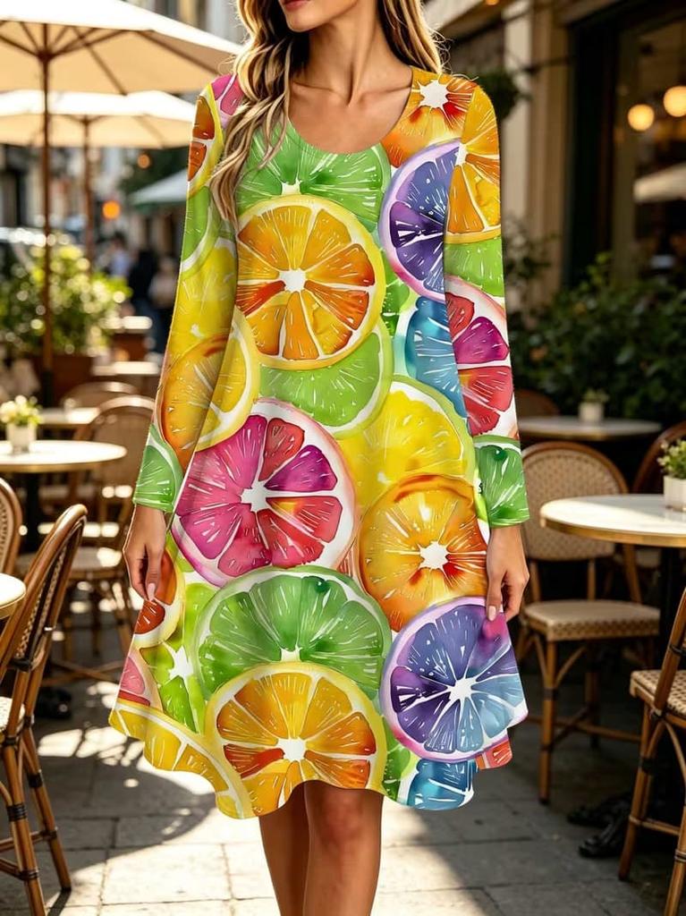 Spring Autumn Women Dress Casual Long Sleeve O-neck 3D Print Loose A-Line Dress Oversized Home Wear Robe