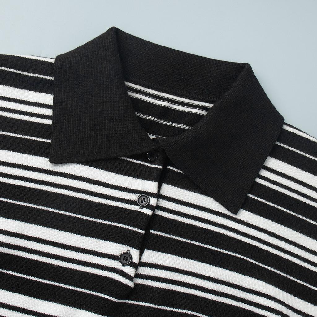 Autumn American Retro Striped Sweater Women's Collar Knit T-shirt Slimming Design Office Versatile Knitted Undercoat Top