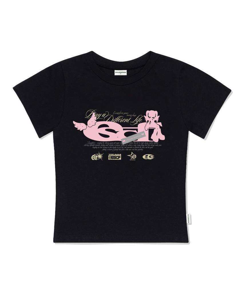 ESCAPEFROM Angel Cosplay Girl Escf Logo Collage Print Slim Fit Short Sleeve T-Shirt Black