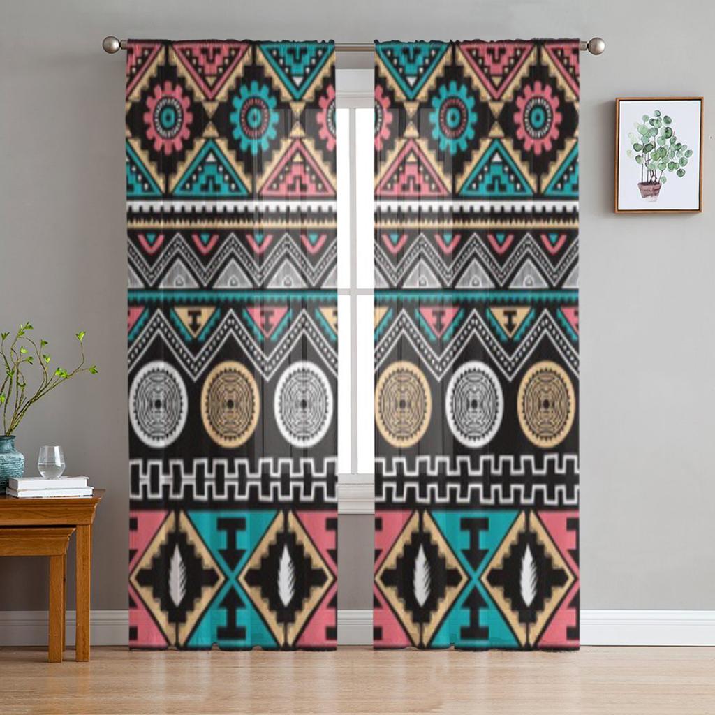 Color Ethnic Pattern Theme Art Tulle Sheer Curtains for Living Room the Room Bedroom Kitchen Decoration Voile Organza Curtains