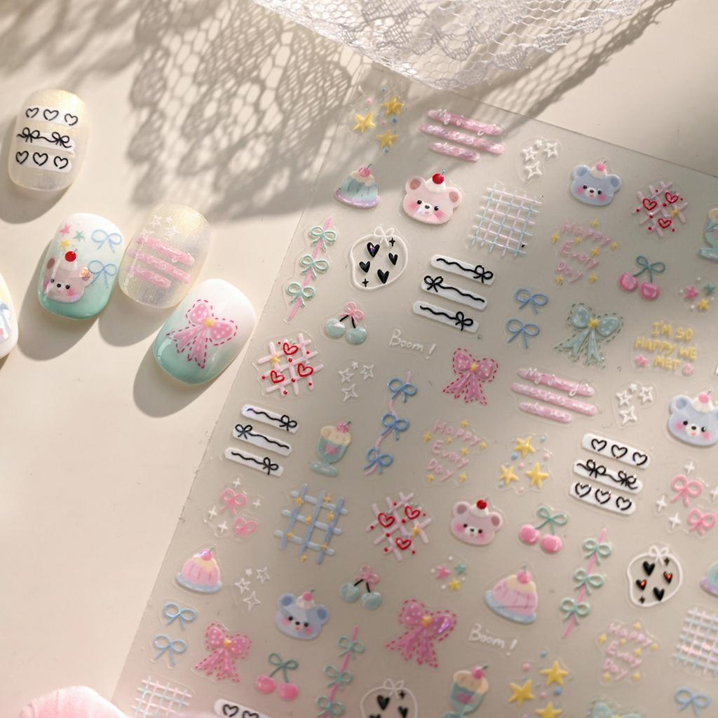 5D Pink Blue Bear Dessert Cake Pudding Candy Cane English Slogan Nail Art Stickers Cute Baby Bear Party Embossed Decals