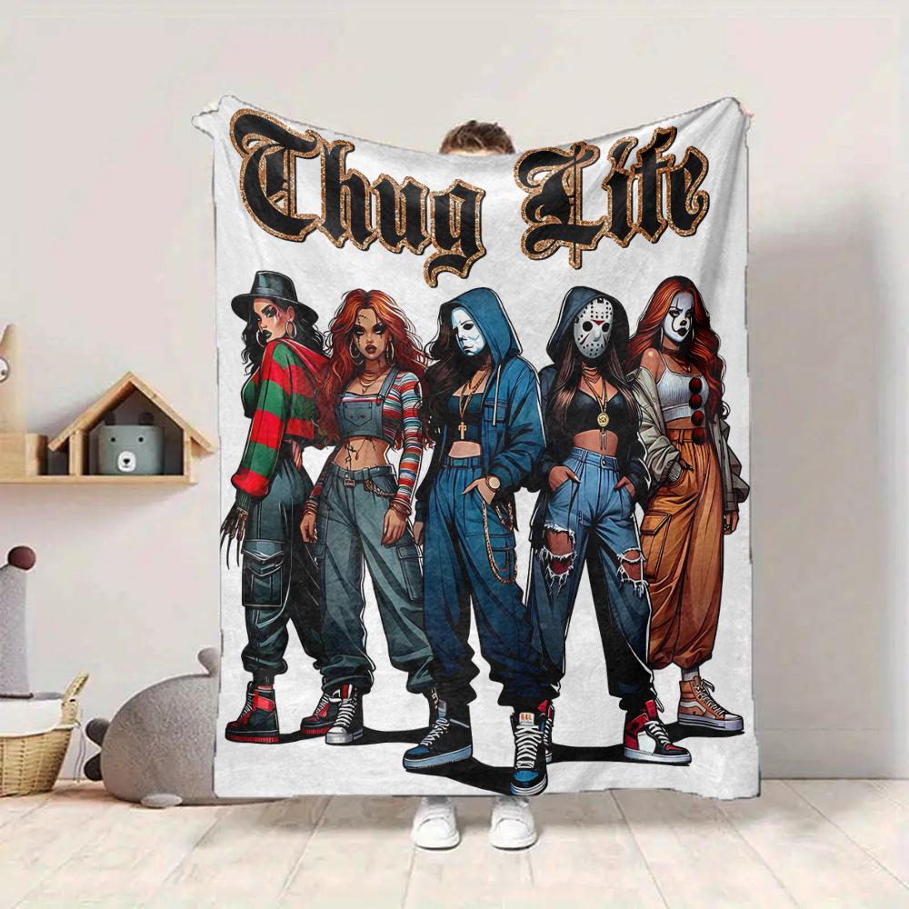 1Pc Thug Life Fashion Icon Flannel Fleece Blanket Soft Warm Throw Blanket for Sofa Bed Couch Home Decor Lightweight Travel Nap Blanket Xmas Gift H1122