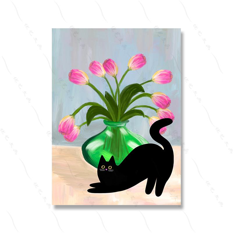 Retro Abstract Black Cat Vase Art Poster Print Pink Tulips Canvas Painting Colorful Pictures Living Kid Room Home Decor Murals