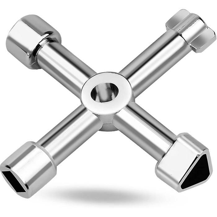 Clé multifonction 4 voies en alliage de zinc – croix (carré, 2 triangles, bouton) 5,5×5,5 cm (Argent)