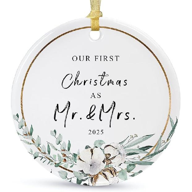 Our First Christmas Married Ornament 2025,Wedding Gifts for Couples Unique Decoration,First Year Newlywed Mr and Mrs Hanging 2.9" Ceramic Round