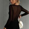 Women'S Mesh Top Sexy See Through Wrap Design Cutout Long Sleeve Bodycon Blouse Black Clubwear