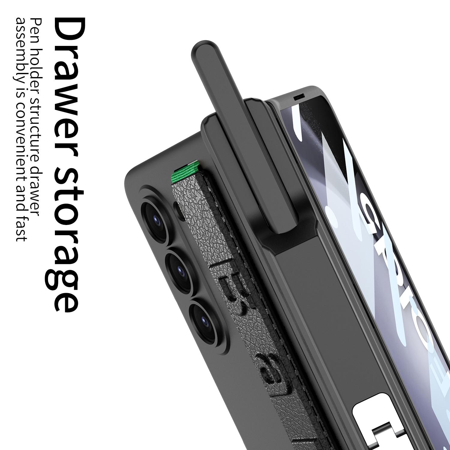 

GKK For Samsung Galaxy Z Fold5 5G Case PC Wristband Phone Cover with Screen Film/Pen Holder Carbon Fiber Texture