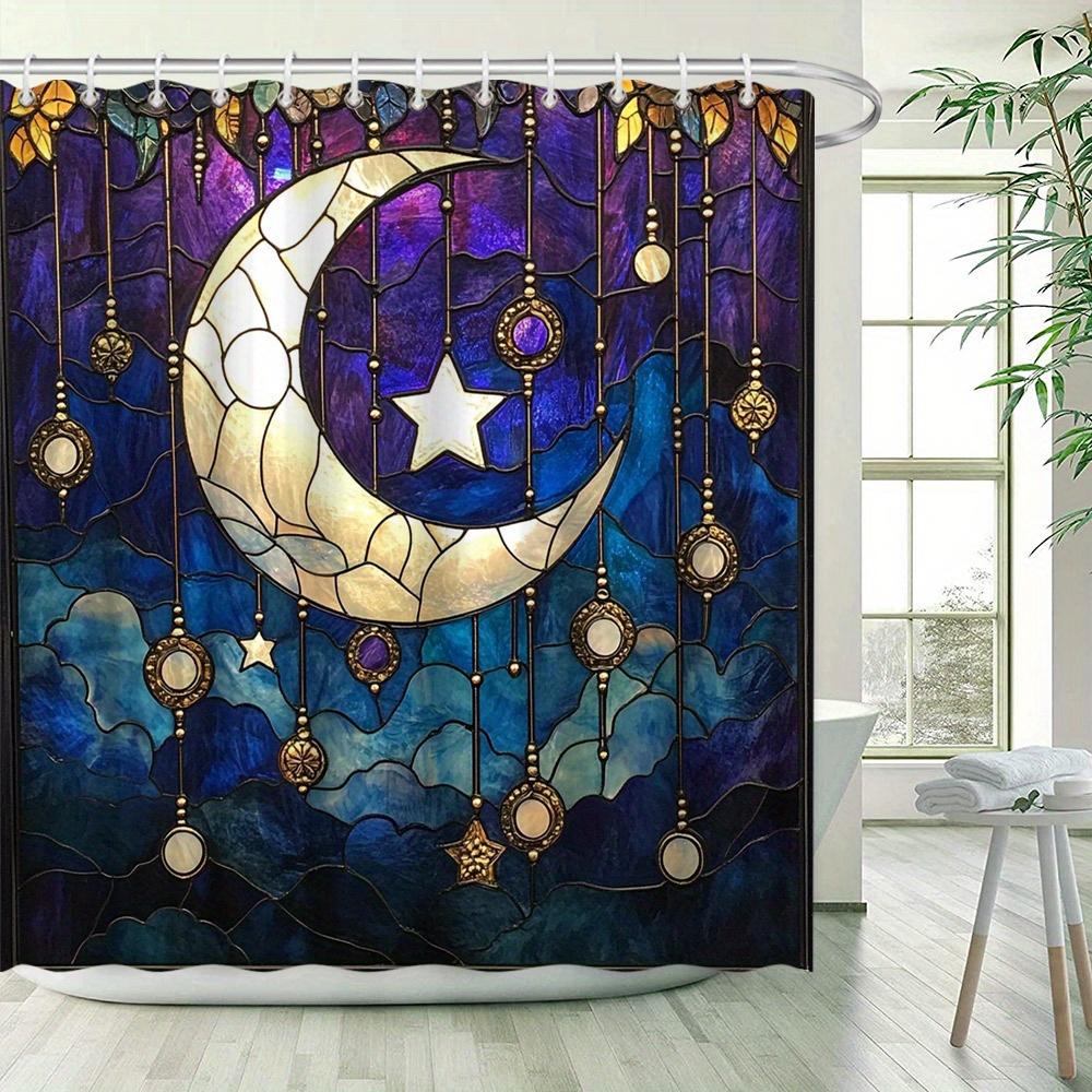 Dreamy Starry Night Moon and Stars Stained Glass Style Waterproof Shower Curtain for Bathroom Decor, Modern Art Design