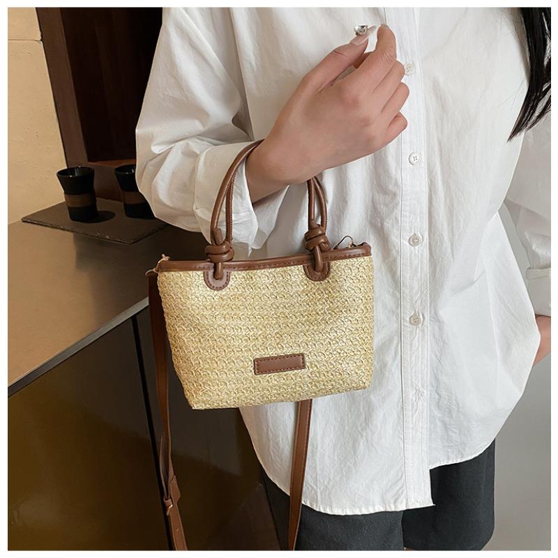 Summer Vacation Style Woven Rope Handled Beach Tote Bag Trendy Rattan Basket Shoulder Crossbody Bag