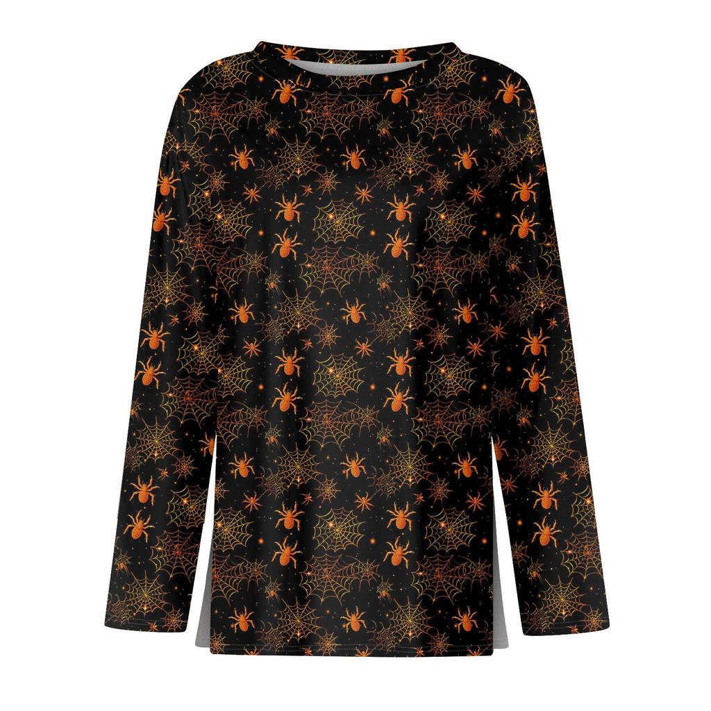 Women's Fashion Hem Slit Casual Halloween Printed Round Neck Long Sleeve Top