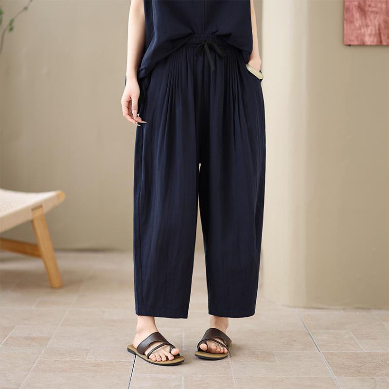 DIMANAF 2026 Summer New Plus Size Women Long Pants Cotton Linen Loose Elastic Waist Vintage Casual Lady Bottoms Clothing