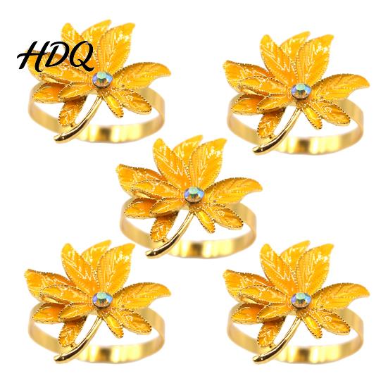 Metal Napkin Ring 5Pcs Rings Maple Leaf Design Holders Waterproof Rhinestone Anti-Oxidation