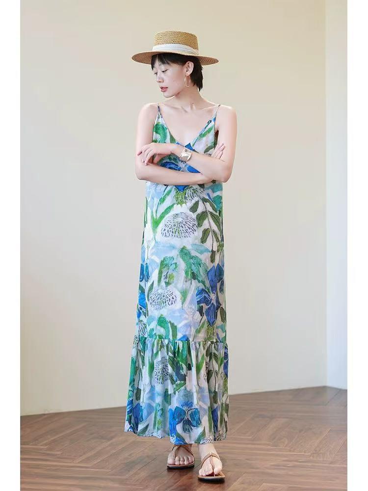 

Весна и лето 2025 года, новое платье-сарафан с V-образным вырезом в праздничном стиле с акварельным принтом, женское свободное платье с оборками, стройнящее 2XL