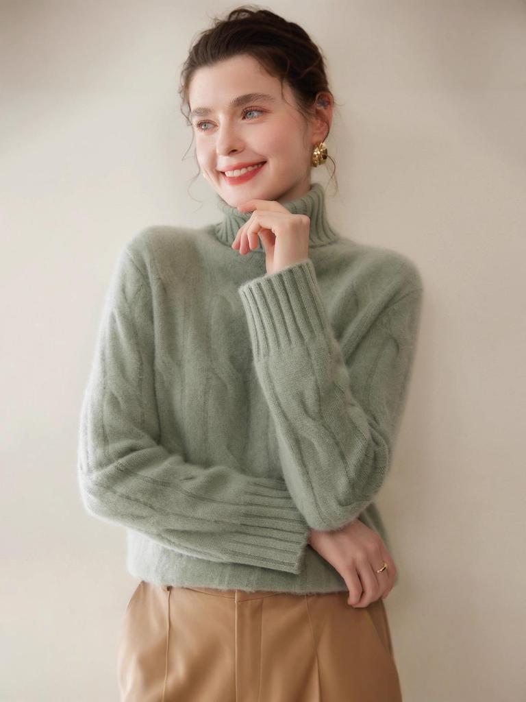 Three-Strand Thickened Women's Cashmere High Neck Cable Knit Sweater