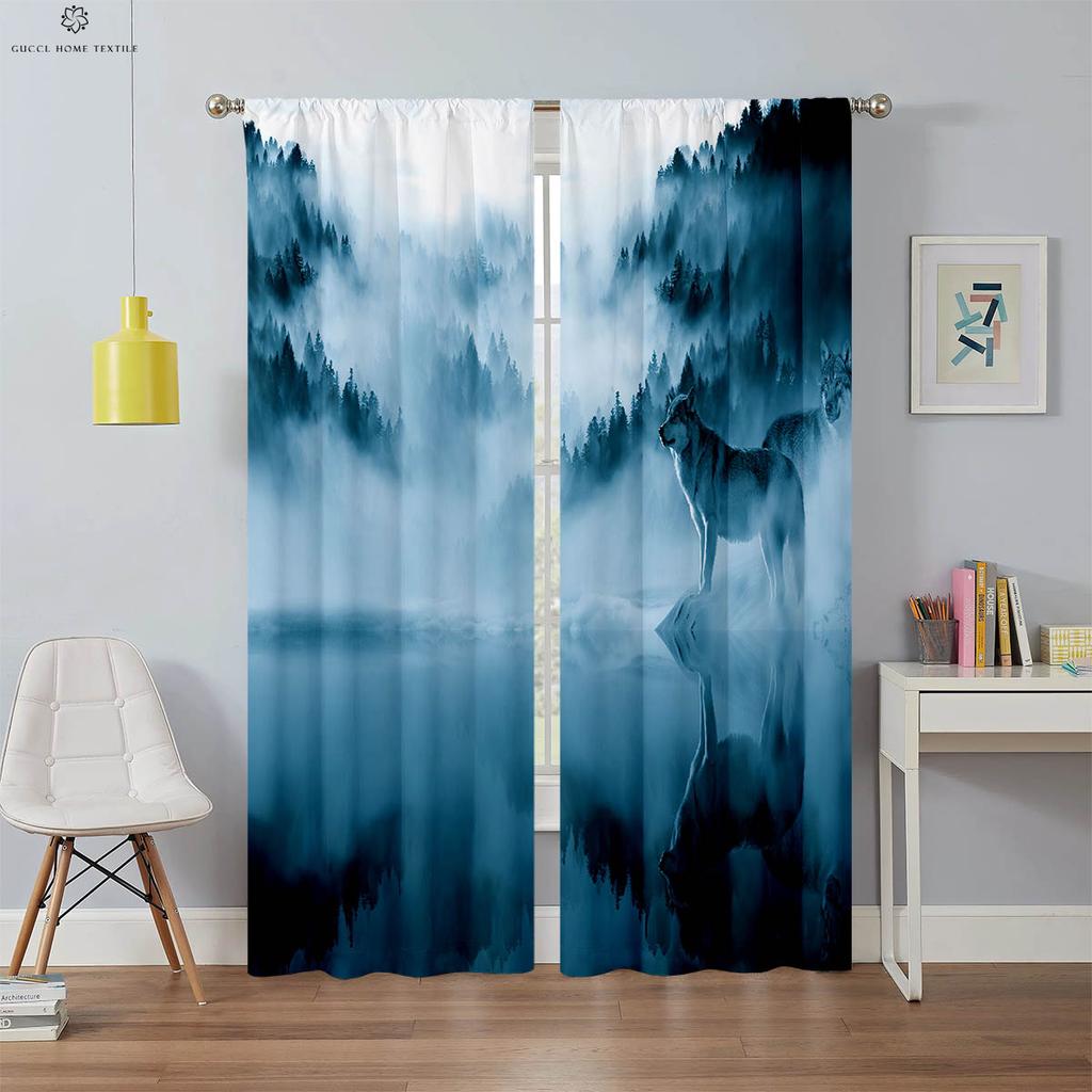 3D Printed Polyester Fiber Curtain, Rod Pocket, Bedroom, Living Room, Study, Decorative, Dream Star, Wolf, 2 Pcs
