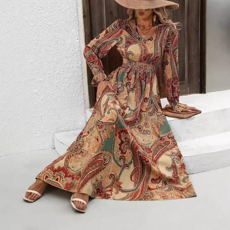 Women Floral Print V-neck Long Sleeve A-Line Dress Spring Summer Casual Elastic High Waist Ankle-Length Dresses