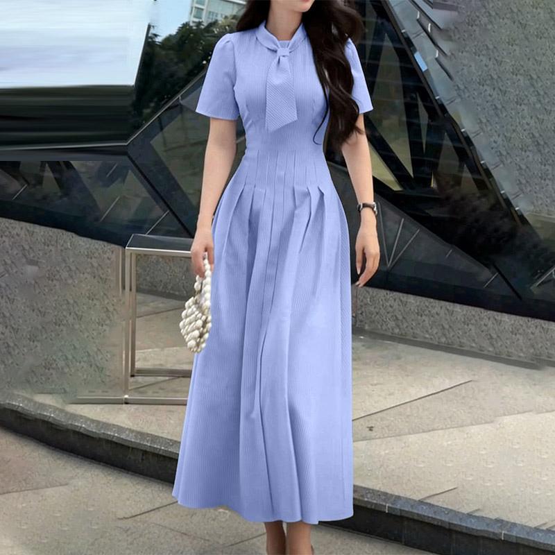ZANZEA Women Casual Round Neck Solid Color Short Sleeve Daily Dress S синий