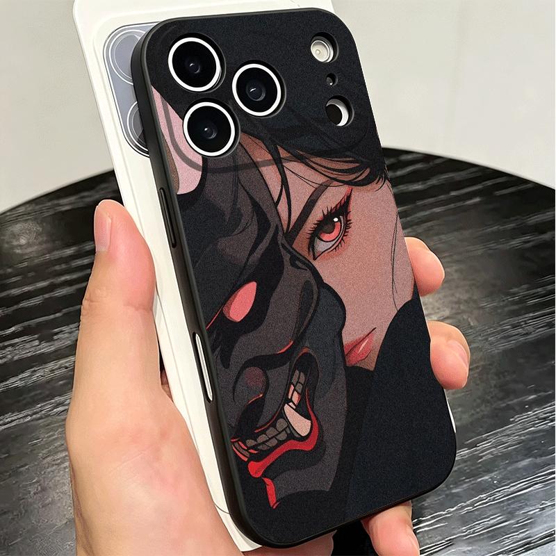 Japanese Oni Mask Girl Soft Phone Case for iPhone 16 16E 17 Air 15 Pro Max 14 Plus 13 Mini 11 12 7 Black Cover Back Shell
