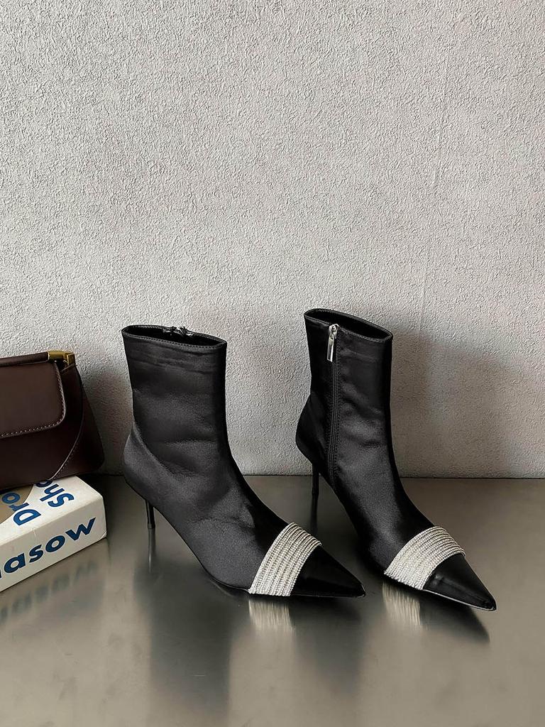 fashion Silk Women Ankle Boots Pointed Toe Winter Boots Woman Thin High Heels Back Zipper Rhinestone Chain Autumn Spring Boots Woman 40