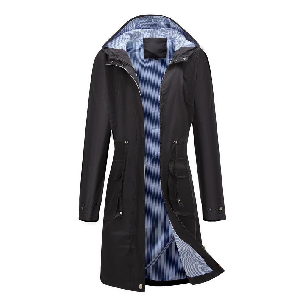 Spring and Autumn Long Casual Windbreaker Women's Water-Repellent Hooded Solid Color Top Striped Lined Straight Jacket