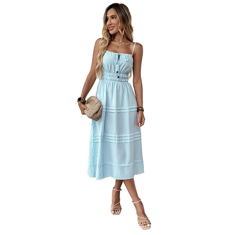2025 Amazon Cross-border Foreign Trade Summer Vacation Wind Striped Suspender Dress Square Neck Lace-up Sleeveless Long Dress