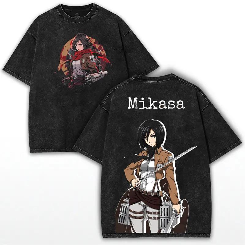 Anime Attack On Titan Mikasa Printed Tee Men Women Washed Cotton T-shirts Short Sleeve Vintage T Shirt Harajuku Oversized Tshirt