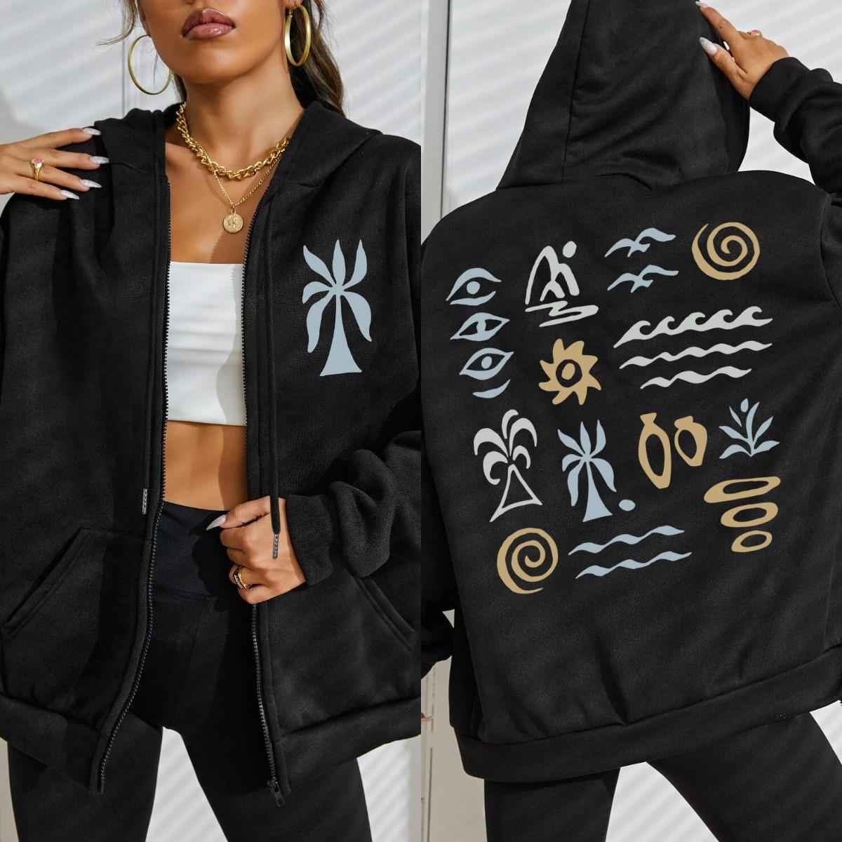 

Море Пляж Кокосовая Пальма Креативный Принт Женская Толстовка на Молнии Осень Флисовая Одежда Удобный Худи Женская Уличная Одежда 3XL