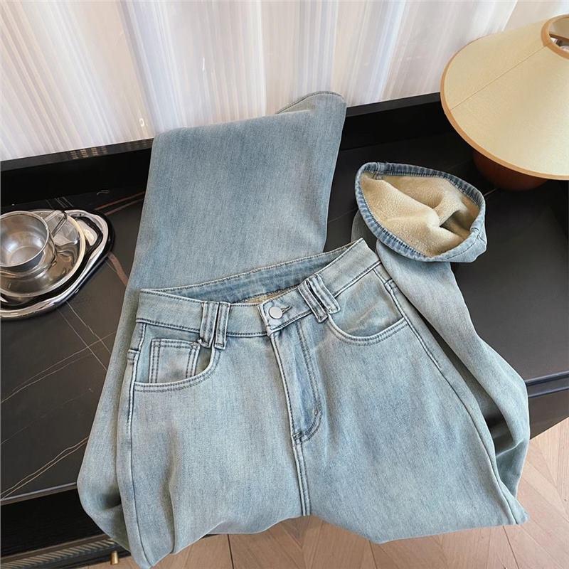 Women's Light Blue High Waist Plus Velvet Wide Leg Jeans, Winter 2025, Loose Fit, Thickened Slimming, Plus Size, Straight Leg.